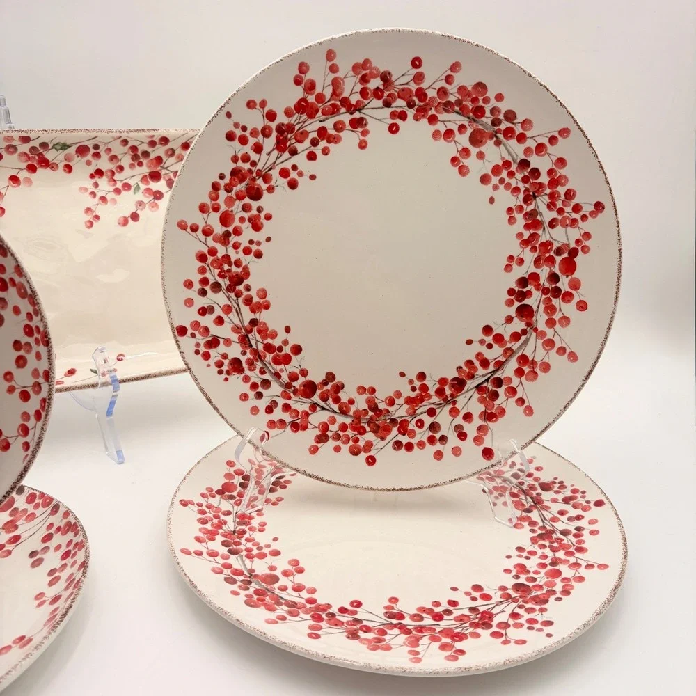 Potters Studio Cardinal Berry Holiday Serving Platter Dinner Plates Christmas